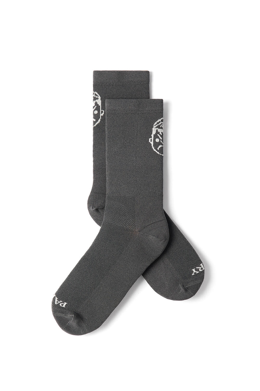 A studio photo of tall grey cycling socks with graphic