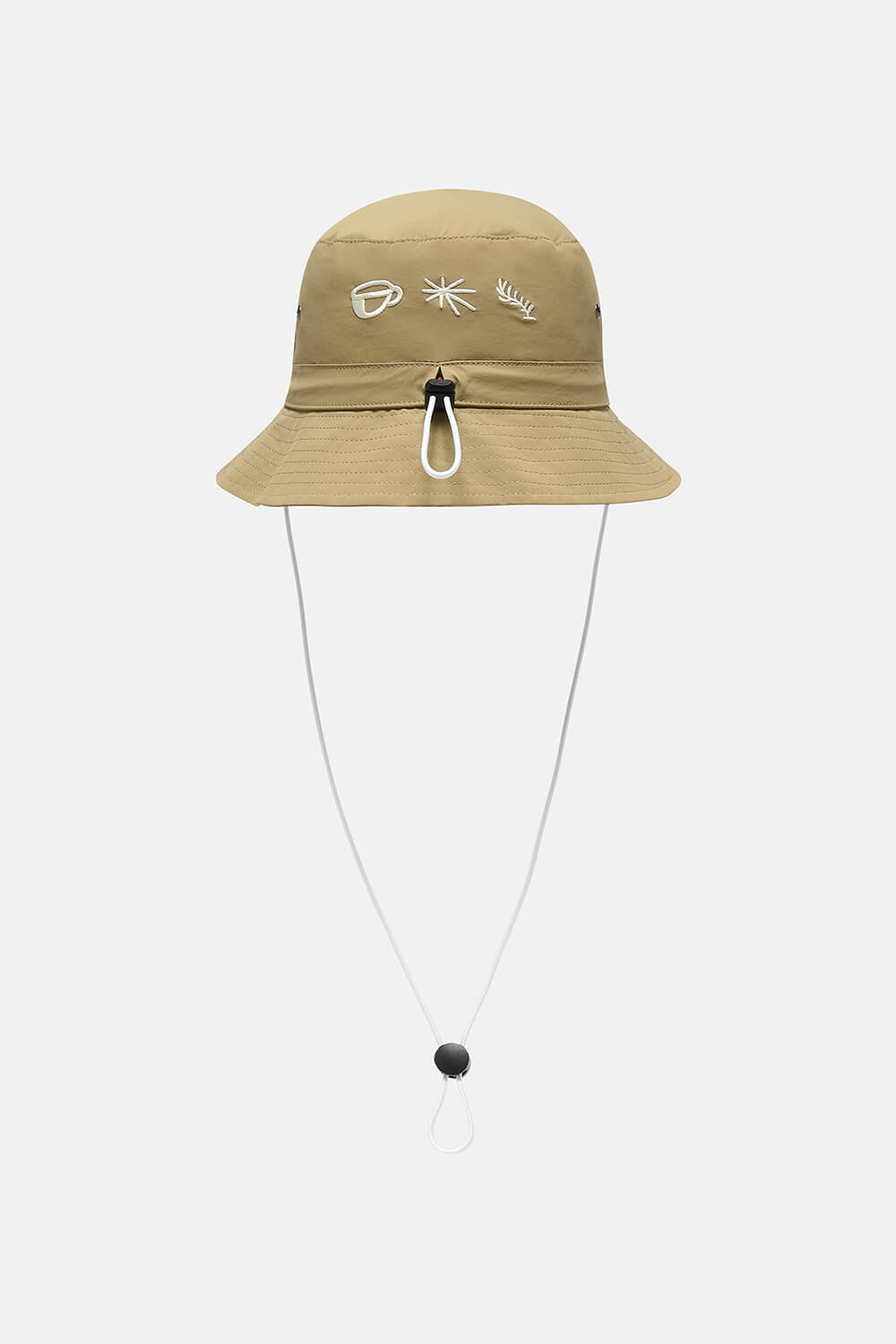 Beige bucket hat with embroidered designs on a white background
