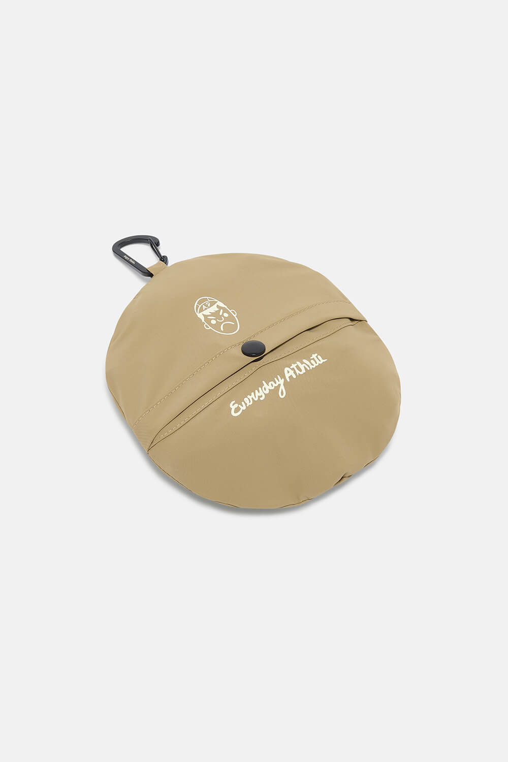 Beige pouch with a carabiner and brand logo on a white background