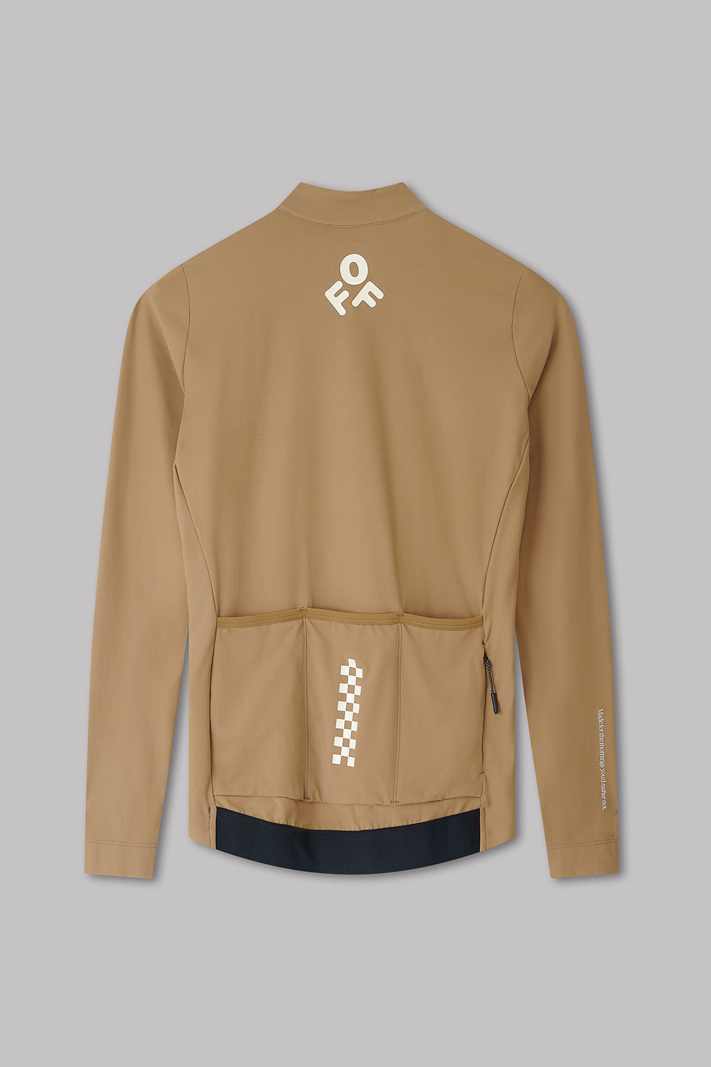 Beige jacket with brand logo on a gray background