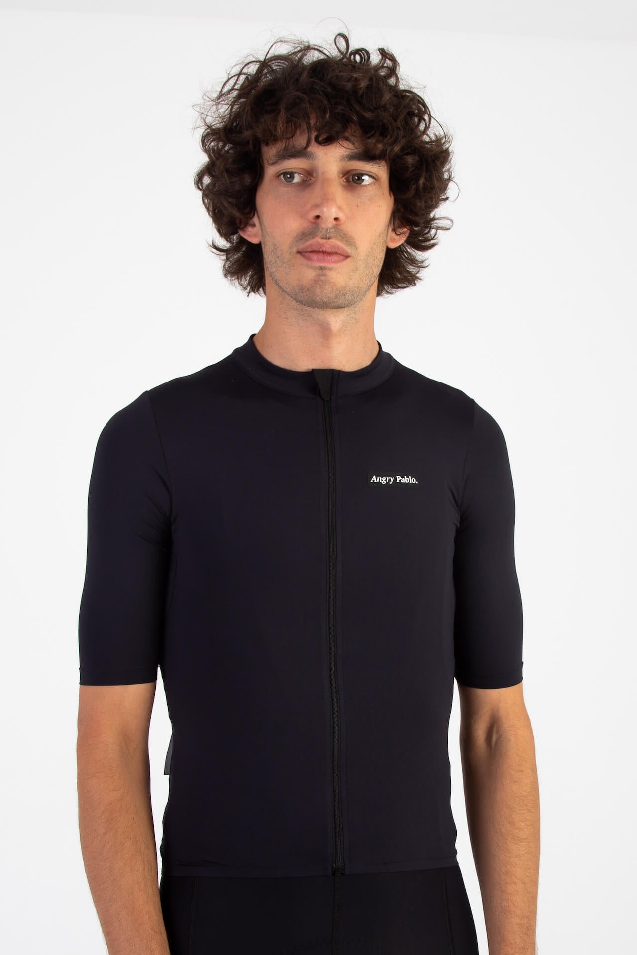 model wearing angry pablo black cycling jersey