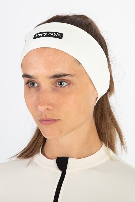 Female model wearing an Angry Pablo headband
