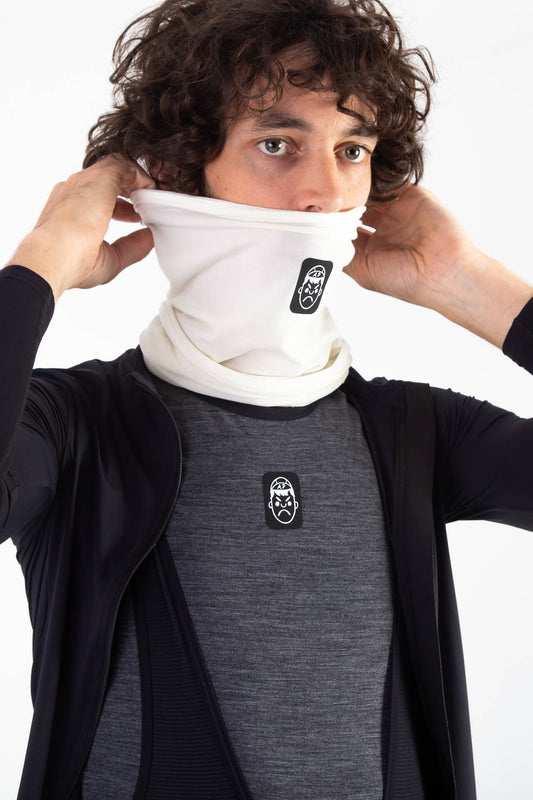 Model wearing an ANgry Pablo neck warmer